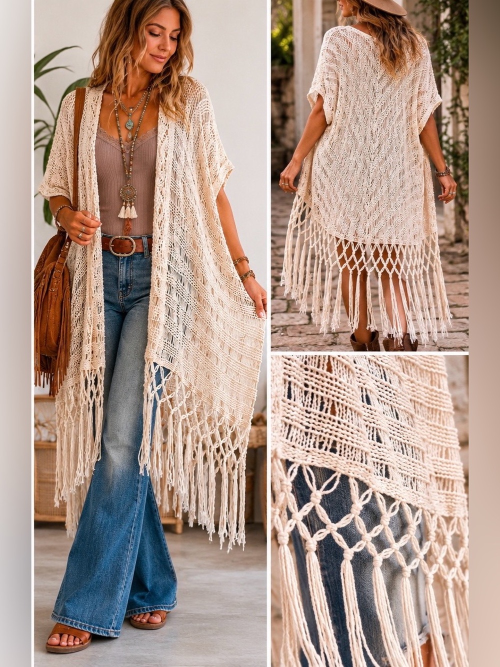 KORI Knit Fringe Open Cardigan Shawl Boho Festival Layering Piece M/L